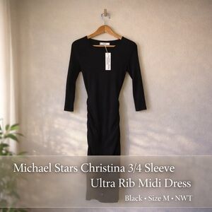 Michael Stars Christina 3/4 Sleeve Ultra Rib Midi Dress Black Size M NWT